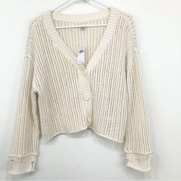 American Eagle Cream Open Weave V neck Factory Distressed Casual Knit Cardigan - Picture 1 of 15
